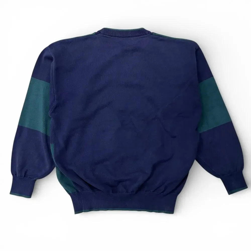 Vintage Large Checkered Square Geometric Pattern Creneck Sweater Navy Green M